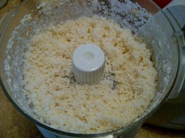 Cauliflower "rice" after processing for a few minutes.