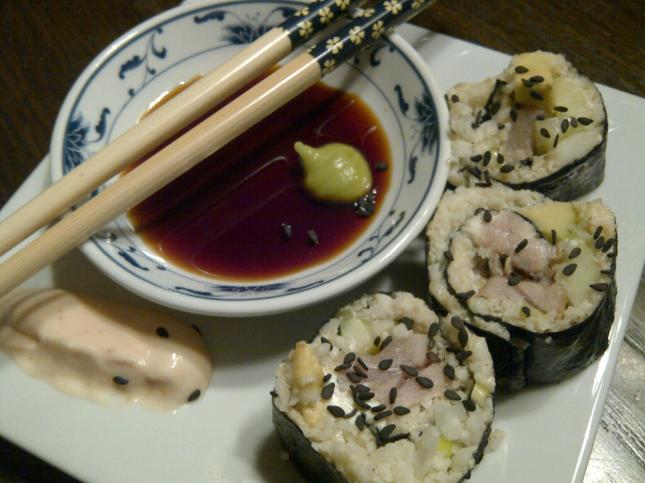 Cauliflower Sushi rolls with seared yellowfin, avocado, cucumber, cream cheese and sriracha